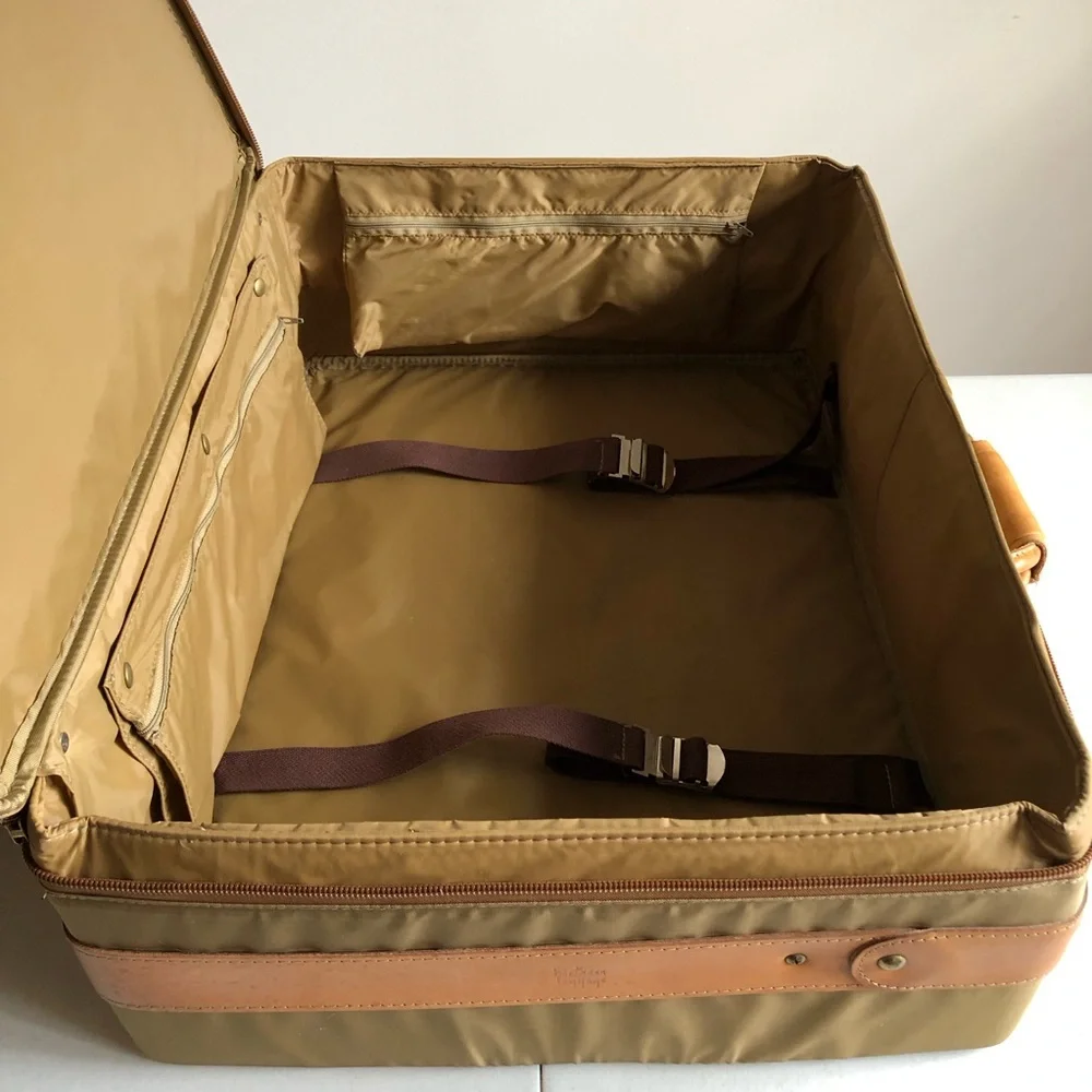 Vintage Hartmann Nylon Suitcase w/Outside Pocket In Olive w/Tan Leather Trim